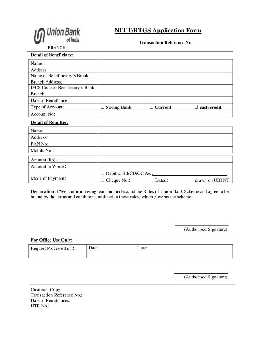 PDF Union Bank Of India RTGS NEFT Form PDF Download InstaPDF