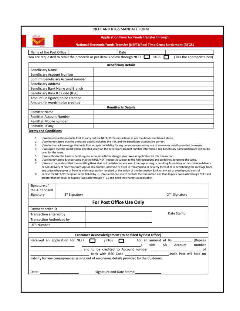Post Office NEFT RTGS Form In PDF PostalBlog