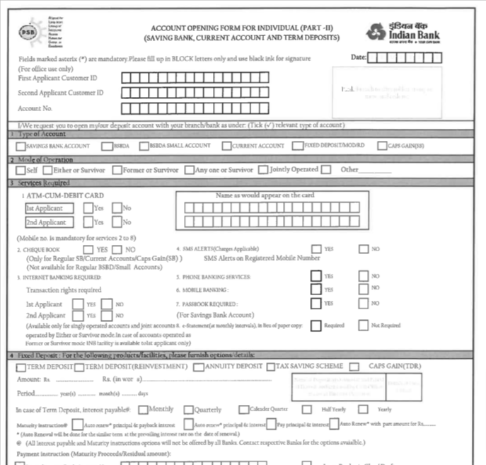 Saving Account Opening Form For Indian Bank