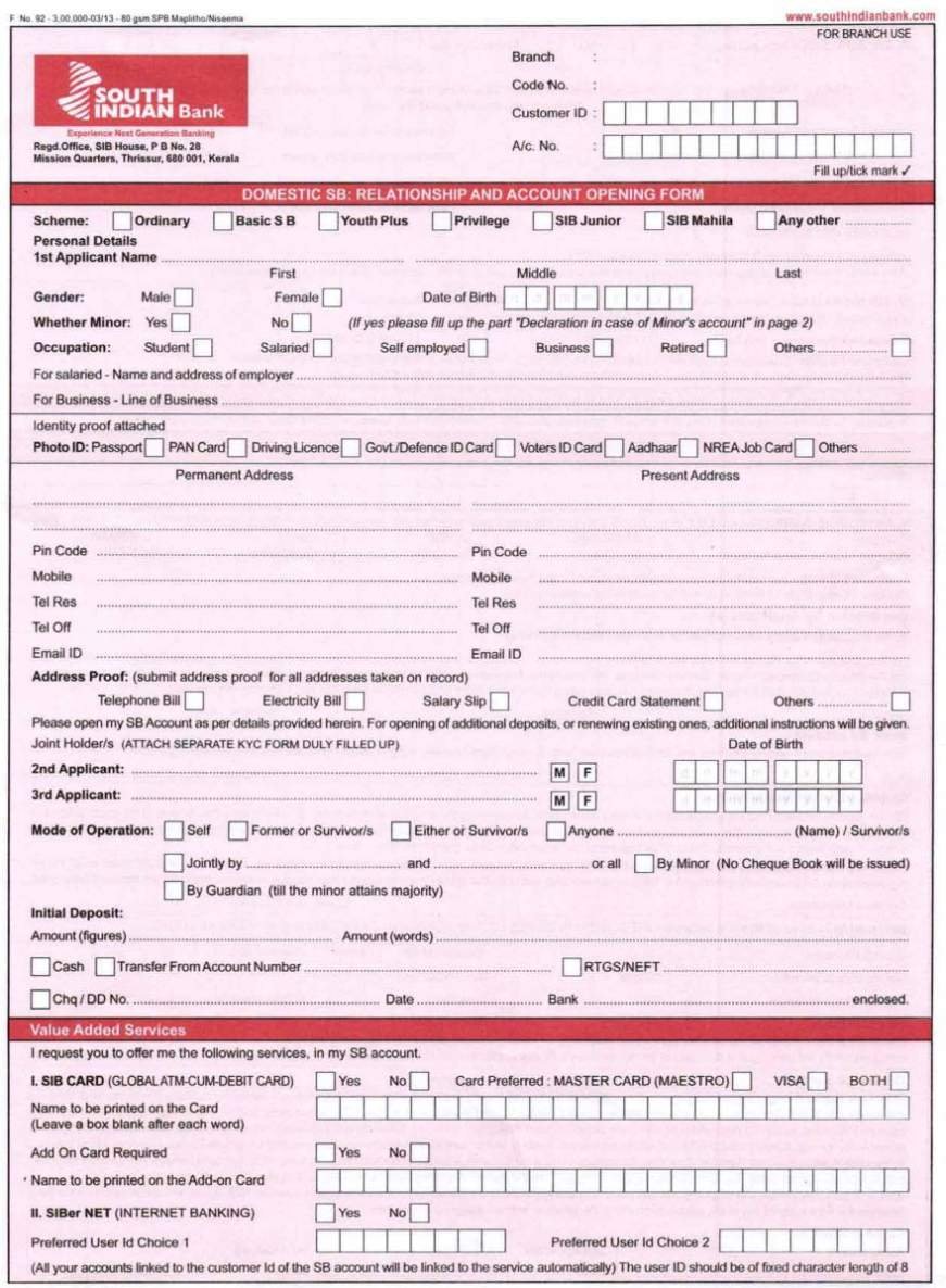 South Indian Bank New Account Form 2020 2021 Student Forum