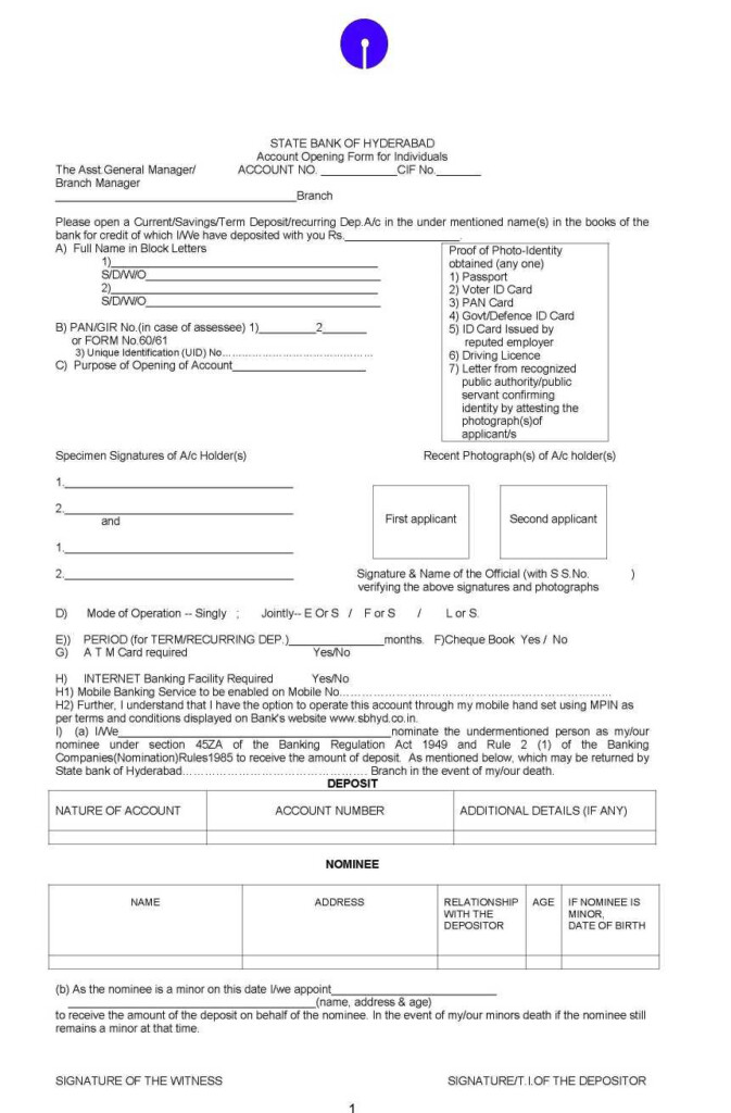State Bank Of Hyderabad New Account Opening Form 2020 2021 Student Forum