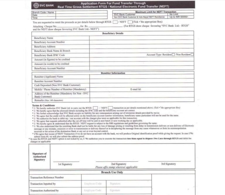 SVC Co operative Bank Ltd RTGS Application Form 2021 PDF Download SVC